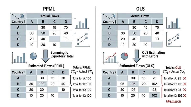 PPML is the only quasi-maximum likelihood estimator that preserves total flows between actual and estimated matrices.