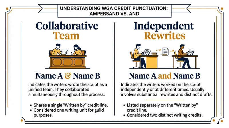 The Writers Guild of America uses specific punctuation to differentiate between writing teams and sequential drafts.