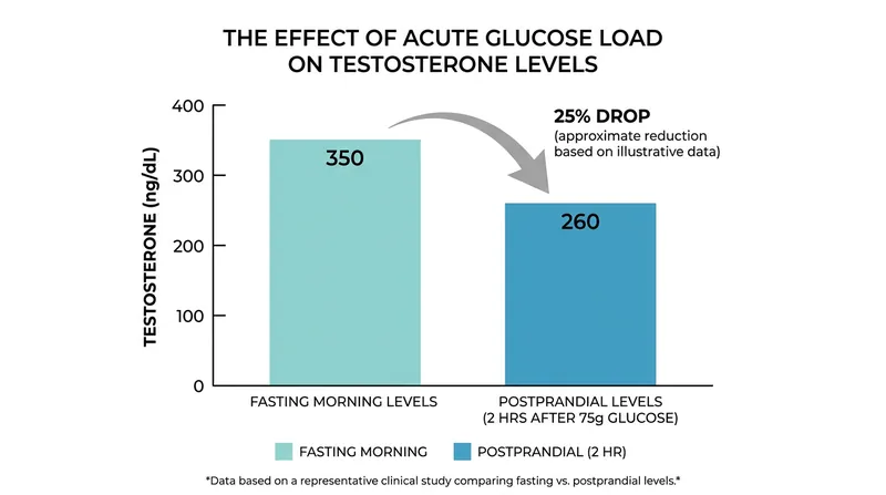 Consuming a meal or glucose load causes an immediate and significant drop in serum testosterone that lasts for hours.