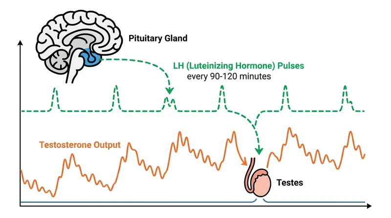 The pituitary gland releases luteinizing hormone in rapid bursts, causing testosterone production to fluctuate continuously throughout the day.