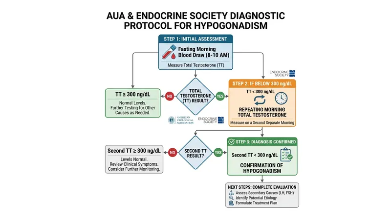 Major medical societies require two separate fasting morning blood draws to confirm a diagnosis of hypogonadism.