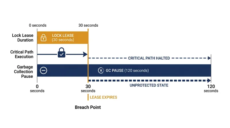 A garbage collection pause can easily exceed the duration of a standard distributed lock lease.