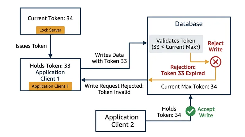 The storage layer uses the fencing token to reject writes from clients whose leases have expired.