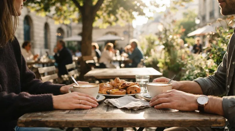 Two adults in casual clothing sitting at an outdoor cafe table, laughing together over coffee.