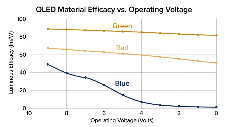 Blue organic emitters lose efficiency much faster than green or red when the driving current is reduced.