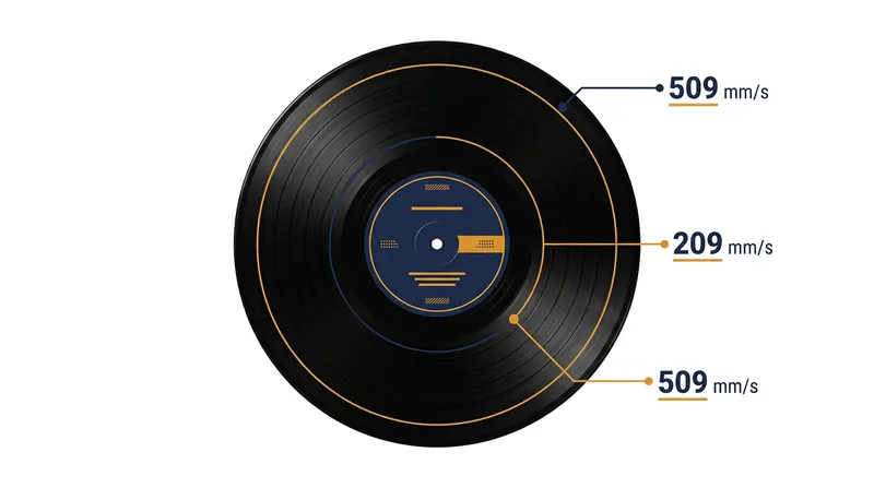 The linear speed of the vinyl passing under the needle drops by nearly 60 percent from the outer edge to the inner groove.