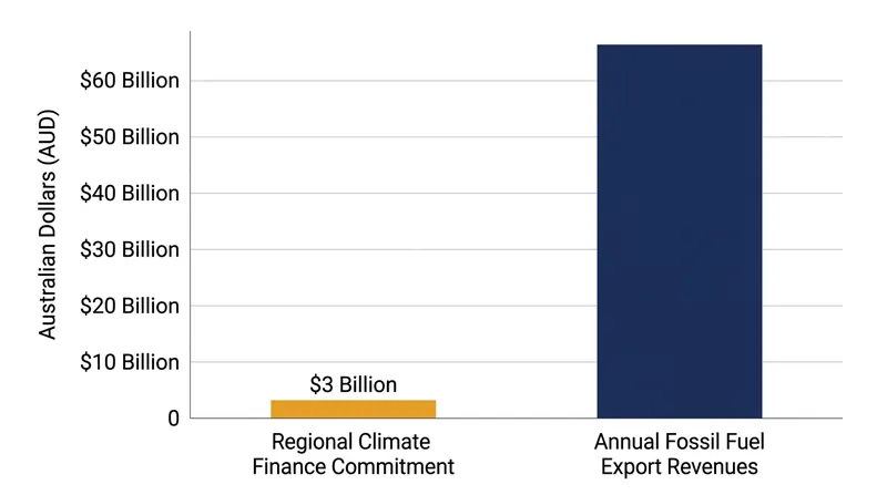 Australia's regional climate finance pledges contrast with its ongoing fossil fuel export revenues.