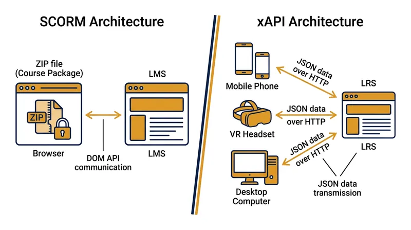 SCORM requires content to run inside an LMS browser frameset, while xAPI allows external devices to send data to an LRS.