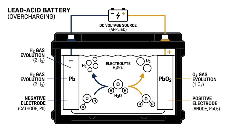 Charging a lead-acid battery splits water into a highly volatile mixture of hydrogen and oxygen.
