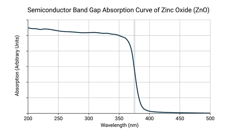 Zinc oxide absorbs nearly the entire ultraviolet spectrum before its band gap threshold is crossed.