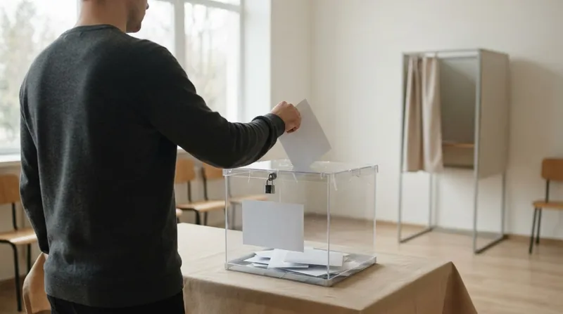 A Brazilian voter casts an electronic ballot at a polling station while election officials watch.