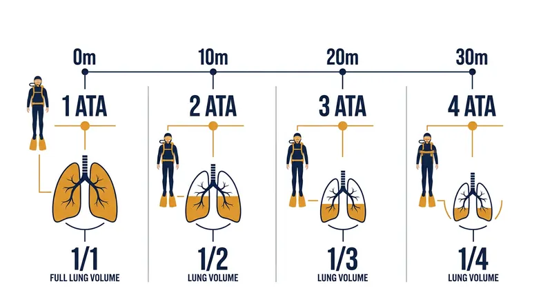 As depth increases, hydrostatic pressure compresses the lungs, reducing their volume proportionally.