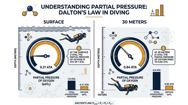 The partial pressure of oxygen spikes at depth, forcing oxygen into the bloodstream and masking depletion.