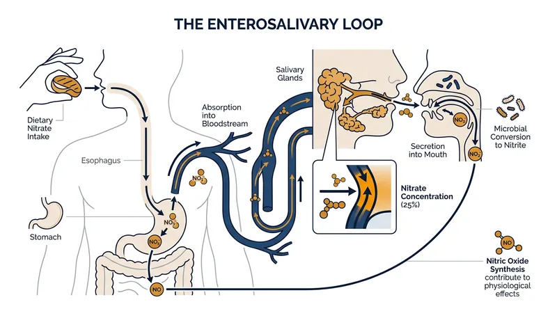 The enterosalivary loop actively concentrates circulating nitrate into the salivary glands to feed the oral microbiome.