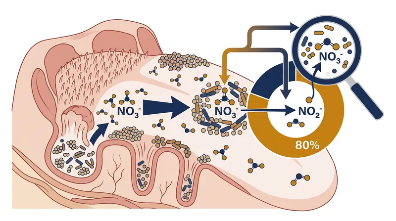 Commensal bacteria on the posterior dorsum of the tongue account for roughly 80 percent of the nitrite swallowed after a meal.