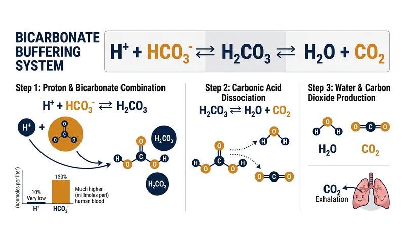Bicarbonate ions bind with hydrogen ions to neutralize acidity, producing water and non-metabolic carbon dioxide.