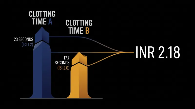 Because of the ISI exponent, wildly different raw clotting times result in the exact same clinical INR.