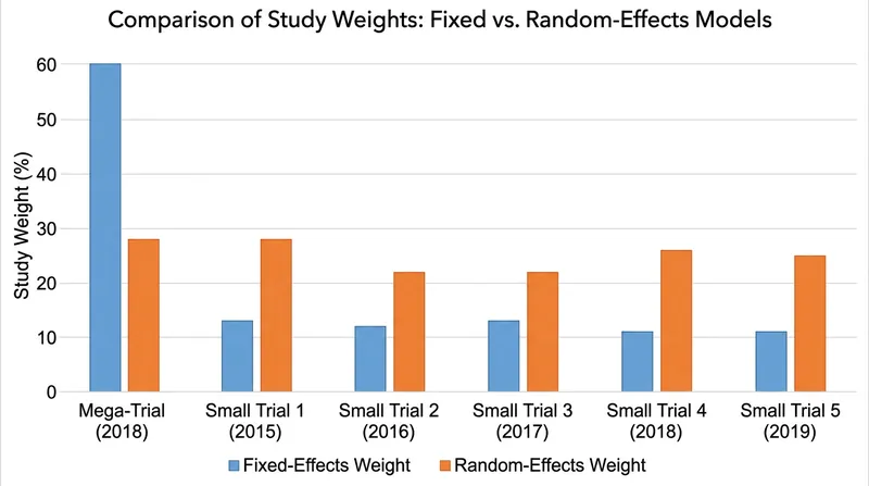 The random-effects model compresses study weights, narrowing the gap between large and small trials.