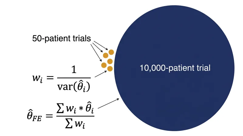 Under a fixed-effect model, massive trials dominate the pooled estimate due to their tiny internal variance.