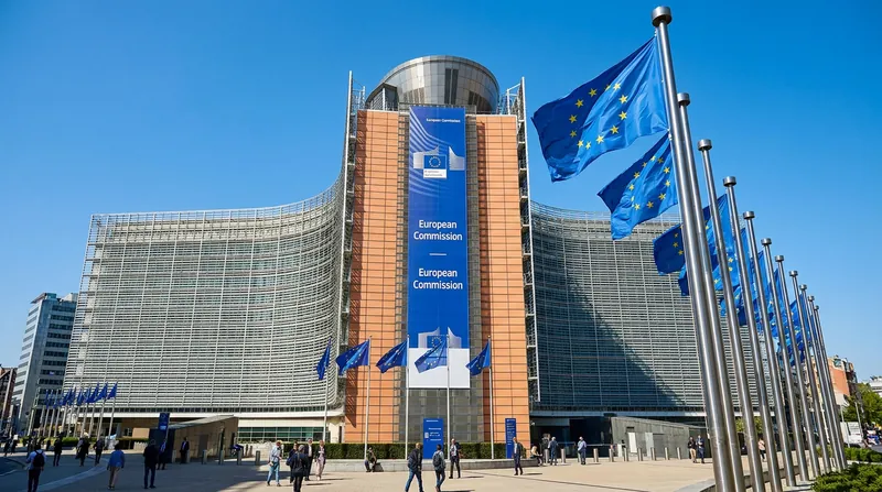 European Union flags flying in front of the European Commission Berlaymont building in Brussels under a clear sky.