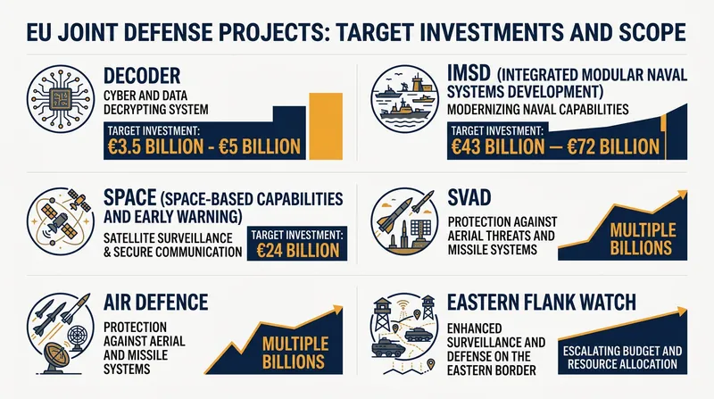 The five European Defence Projects of Common Interest span drones, maritime security, space, air defense, and border protection.