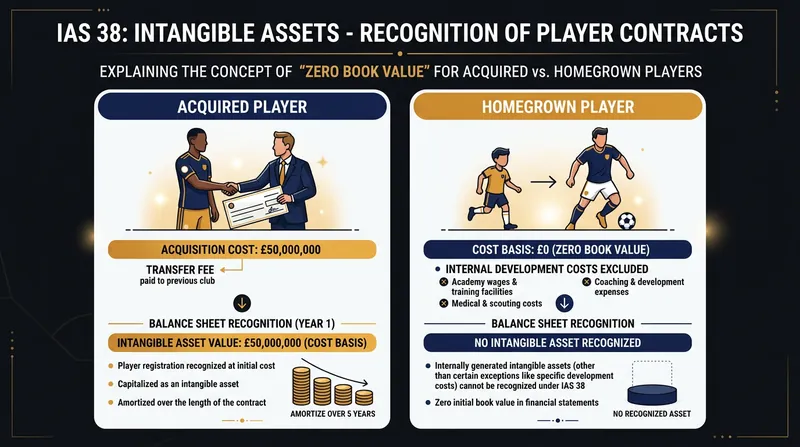 Under IAS 38, internally developed assets cannot be capitalized, leaving academy players with a net book value of zero.