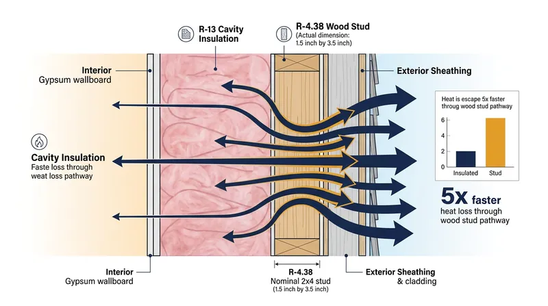 Wood framing conducts heat out of a room significantly faster than the surrounding cavity insulation, creating cold spots on the drywall.