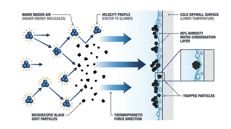 Thermophoresis physically drives suspended particles away from heat, plating them onto the microscopically damp boundary layer of a cold wall.