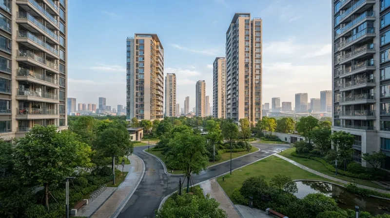 A modern high-rise residential complex in a Chinese city with pedestrians walking in the foreground.