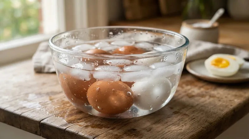 Illustration: Submerging eggs in ice water for at least 10 minutes halts the cooking process and reverses internal gas flow.
