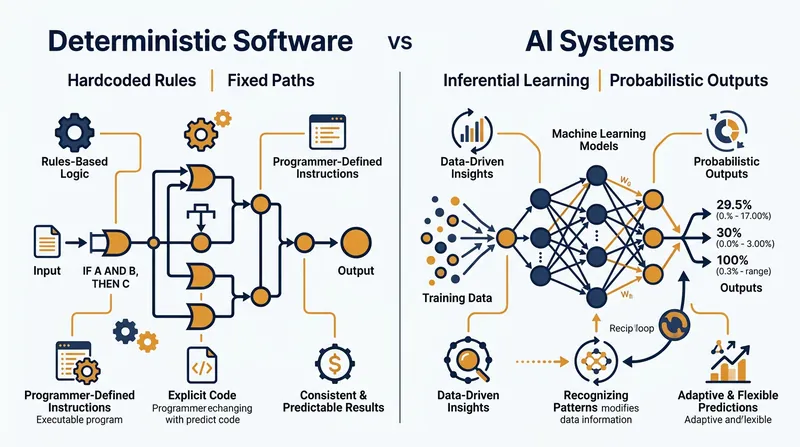 The mechanical distinction between fixed execution paths and probabilistic inference.