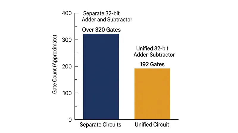 Unifying addition and subtraction into a single circuit nearly halves the required logic gates.