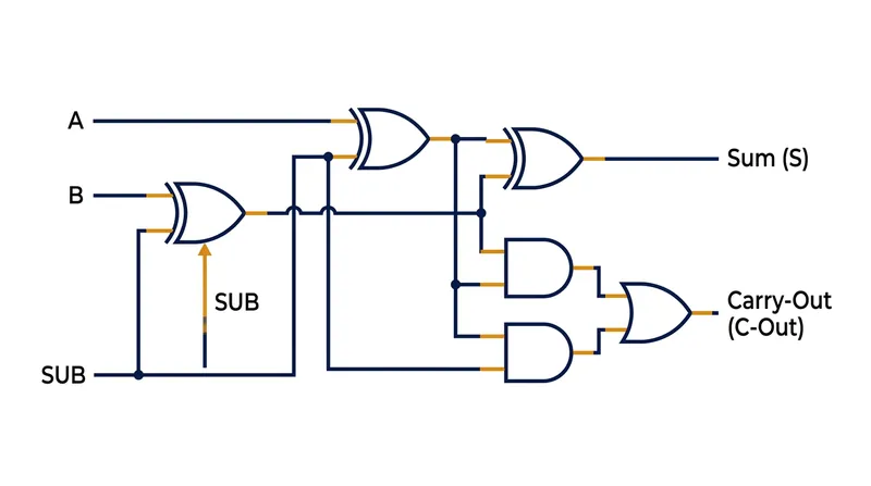 A single control signal (SUB) both inverts the second operand and provides the necessary +1 via the carry-in.