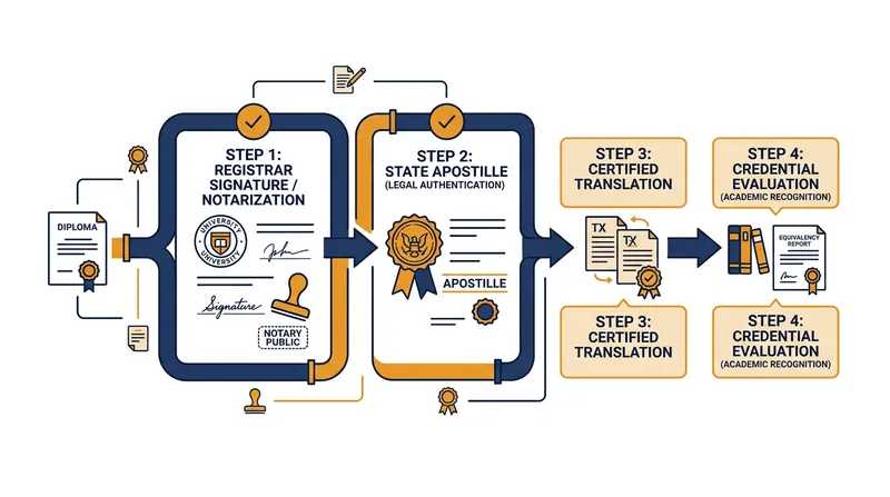 The standard multi-step pipeline for international credential verification.