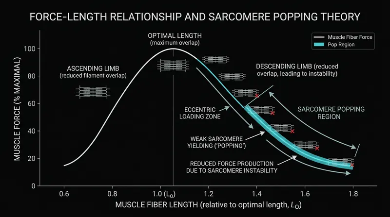 The sarcomere popping theory models how individual muscle segments fail when stretched beyond their functional limits under load.