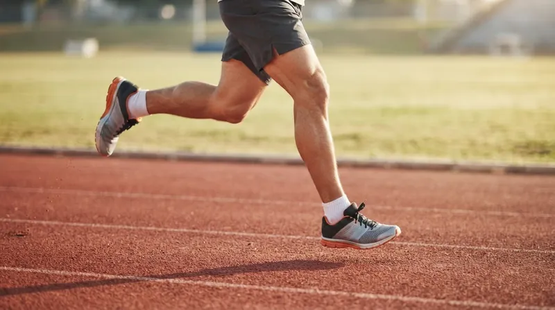 A sprinter captured mid-stride on a track with the front leg extended forward just before the foot strikes the ground.