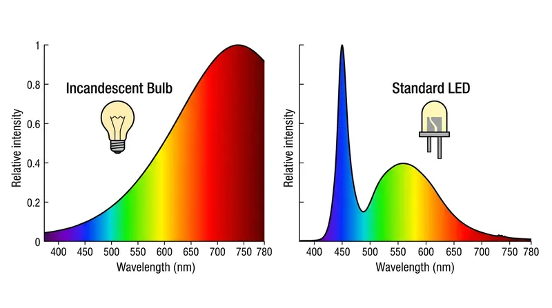 Standard LEDs often feature a sharp drop-off in the red spectrum compared to traditional incandescent bulbs.