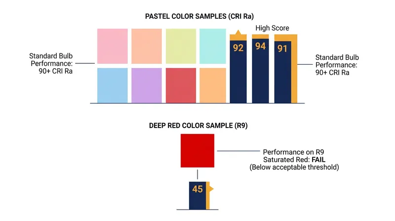 The standard CRI calculation averages eight pastel swatches, completely ignoring the saturated red R9 swatch.