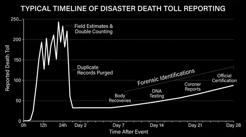 The structural transition from field estimates to forensic certifications causes early death tolls to fluctuate predictably.