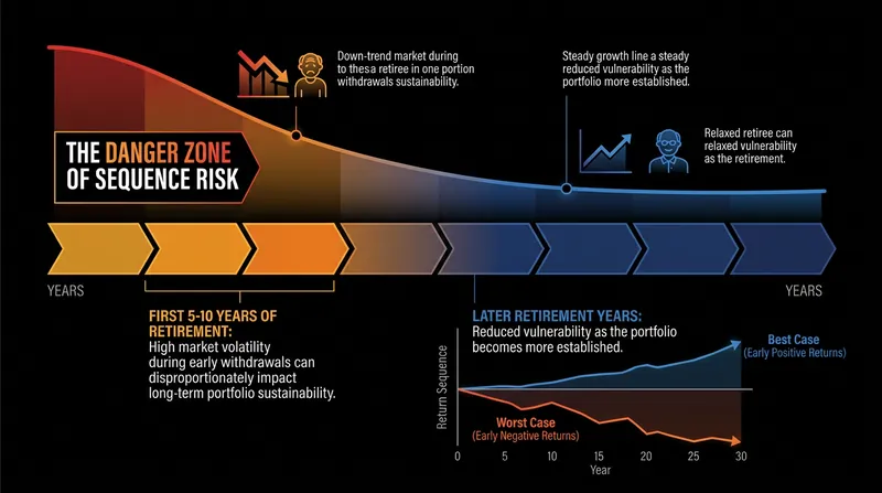 Sequence risk is heavily concentrated in the first decade of retirement, when the portfolio is at its largest.
