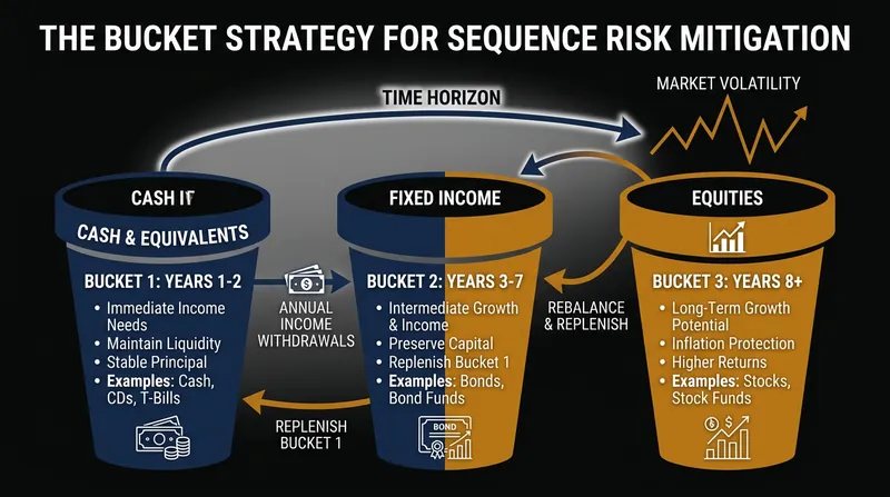 The bucket strategy protects near-term cash flows, preventing retirees from selling equities during a market crash.