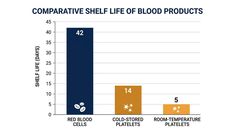 Room-temperature storage severely limits the shelf life of donated platelets compared to refrigerated blood products.