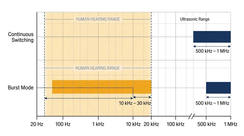 Burst mode drags the effective operational frequency of the power supply down from the ultrasonic band into the most sensitive range of human hearing.