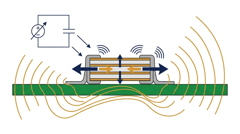Ceramic capacitors physically deform under voltage swings, transferring their vibrations to the circuit board, which amplifies the sound.