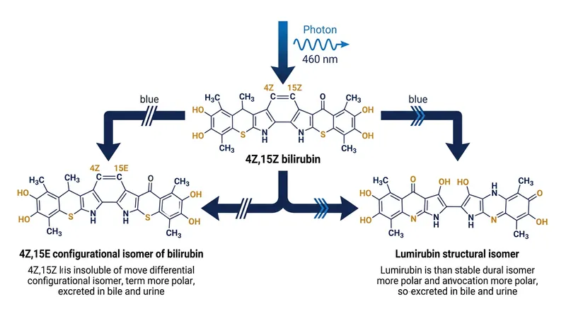 Blue light breaks internal hydrogen bonds, forcing the toxic 4Z,15Z bilirubin molecule to unfold into water-soluble isomers.