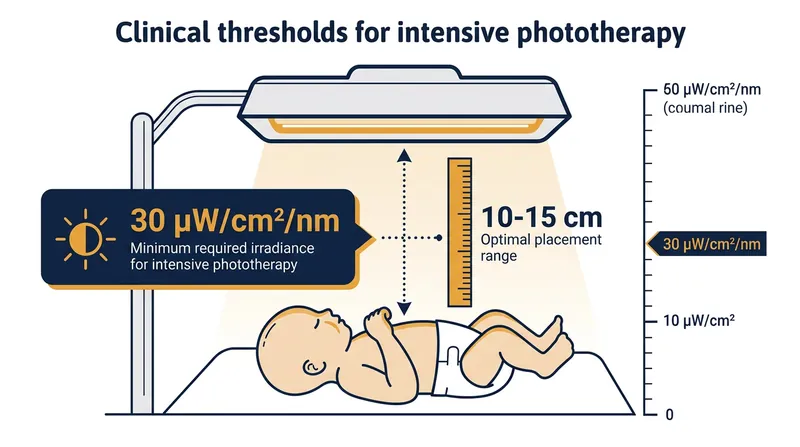 International guidelines mandate a strict minimum energy density of 30 µW/cm²/nm to outpace the infant's natural bilirubin production.
