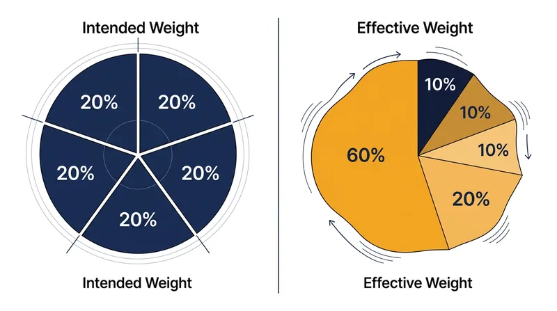When metrics are highly correlated, their effective influence expands far beyond their assigned nominal weight.