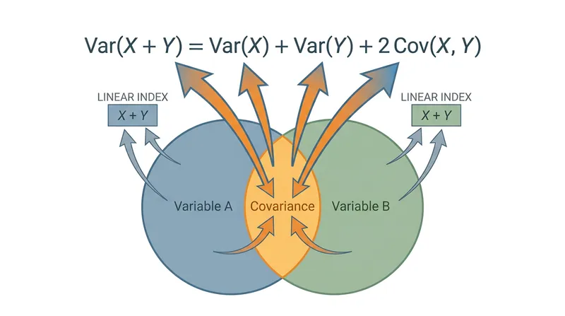 The variance of a sum includes twice the sum of the covariances, creating a massive multiplier effect for correlated metrics.