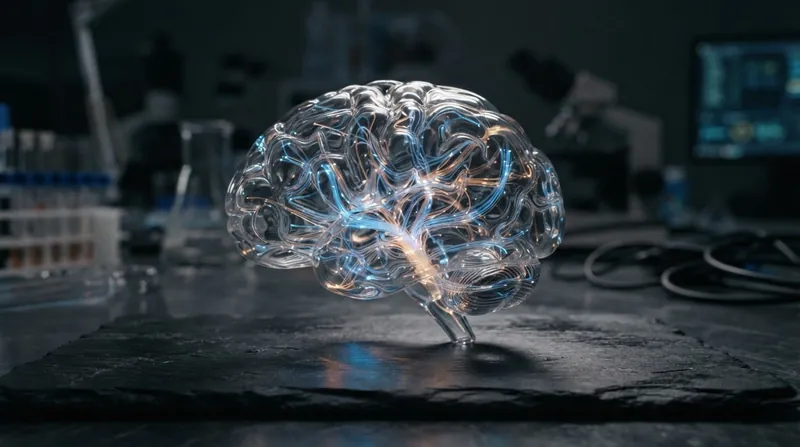 A glowing blue fiber optic cable illuminates a glass model of a brain in a dark laboratory.