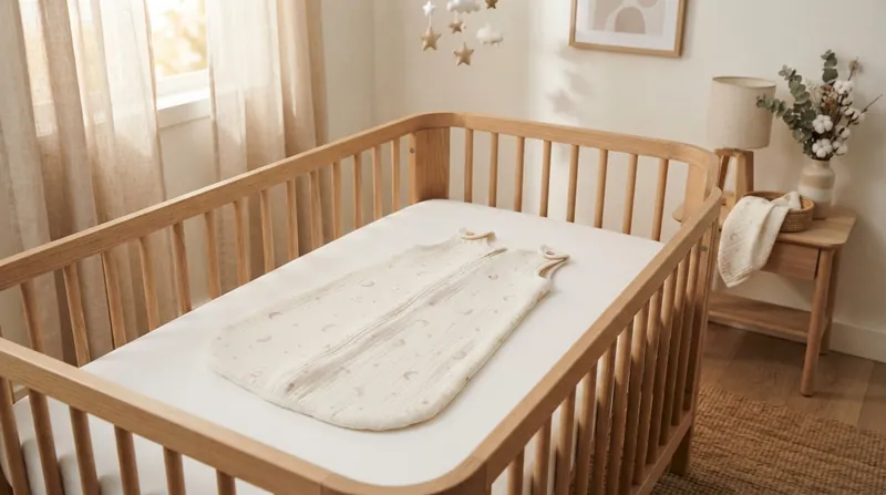 A folded, quilted infant sleep sack resting on a firm crib mattress next to a digital room thermometer.